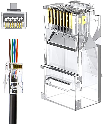 RJ45 Pass Through Connectors, CableCreation 100-Pack Cat6/Cat5e Gold Plated Modular Plug Unshielded Crimp Connector for Solid or Stranded UTP Ethernet Cable