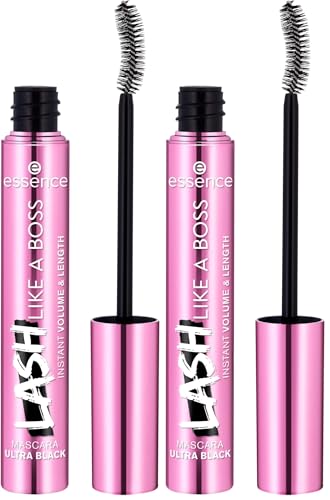 Essence Cosmetics LASH LIKE A BOSS máscara de pestañas ultranegra volumen y longitud al instante, dar volumen, curvar, Ultranegro, intensivo, 9.5 ml (Paquete de 2)