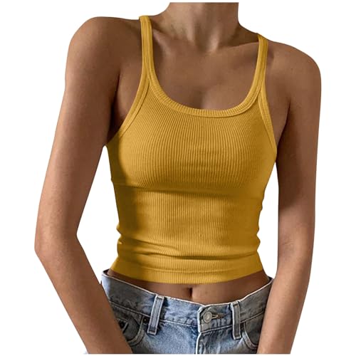 Vest Tops Women UK Ribbed Knit Vest Basic Spaghetti Strap Camisoles Summer Crop Tops Gym Sport Sleeveless Tank Cami Sexy Scoop Neck Slim Fit Stretch Camisole Aesthetic Streetwear Yellow