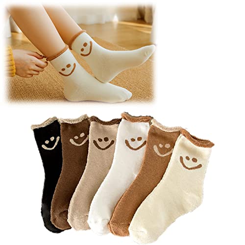 6 Pairs Lovely Smile Face Cotton Socks, Cartoon Smiley Face Socks, Smile Socks Women, Winter Autumn Thermal Socks Ankle Sock for Girls Boy