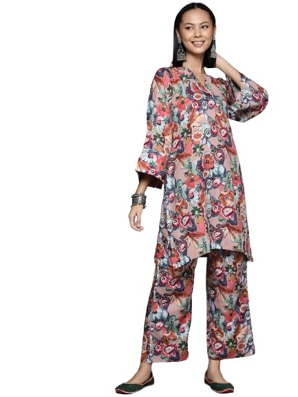 Varanga Women Beige Floral Printed Tunic Paired With Tonal Bottom