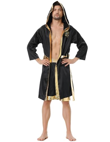 Yolsun Adult Men Boxing Costume Black Gold Boxer Hooded Robe And Shorts Set Halloween thumb #3