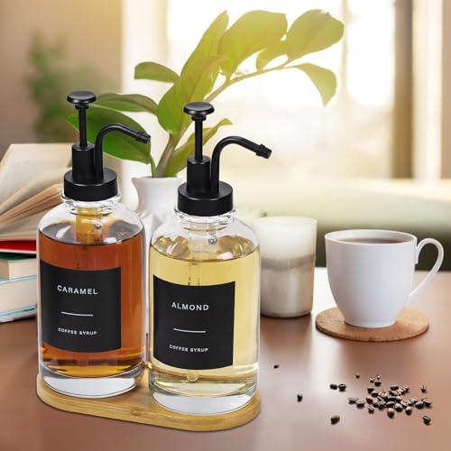 Kaffee Sirup Spender Glas Set, Kaffeesirup Pumpspender mit Schwarzer Pumpe, 2 Stück Glassirupflasche mit 36 Etiketten und Flaschenbürste, Trichter, Tablett, 16,9 oz 500 ml