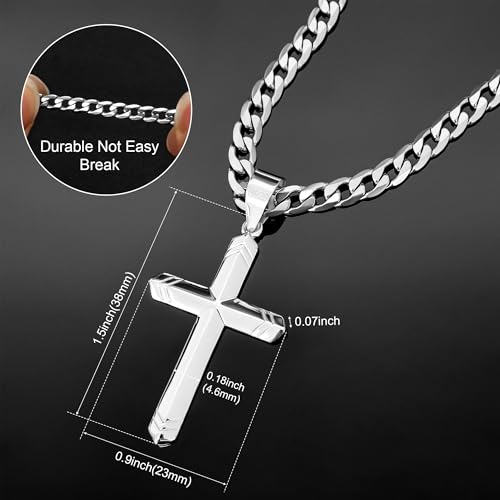 925 Sterling Silver Cross Necklace for Men, 18k Gold Over Real Silver Cross Pendant Necklace with 4.5MM Durable Stainless Steel Cuban Link Curb Chain Shiny Cross Necklaces 16-28 Inches4