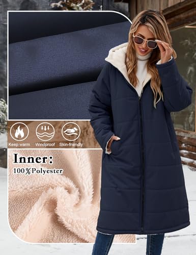 Vancavoo Wintermantel Damen Lang Winterjacke Warm Gefüttert Winterparka Winter Jacke Mantel Parka Steppmantel Daunenmantel mit Kapuze,Marineblau,L