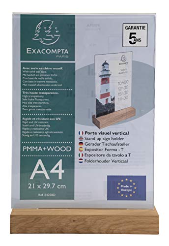 Exacompta 84258D Tischaufsteller mit Holzsockel DIN A4 Hochformat aus hochwertigem Acryl beidseitig verwendbar UV beständig Prospektschild Flyerhalter Tischschild Prospekthalter transparent