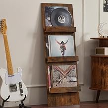 LELELINKY Wall-Leaning Vinyl Record Holder with 3 Tier Display Shelf, 47.5 Tall Record Storage Magazine Holder, Vinlys Stand Holder Holds Up to 30 Vinyls Albums/CD for Living Room, Brown
