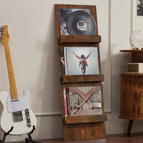 LELELINKY Wall Mount Vinyl Record Holder with 3 Tier Display Area, 47.5'' Tall Record Storage Magazine Holder, Book Shelf Holder Holds Up to 15 Vinyls Albums/CD for Living Room, Concert Hall, Brown