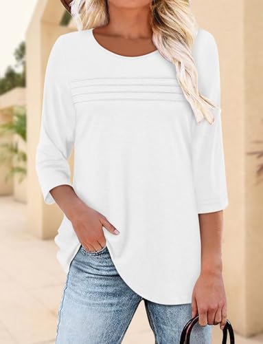 KISSMODA Women's Casual 3/4 Sleeve T-Shirts Round Neck Cute Tunic Tops Basic/Pleated Summer Tops Trendy Spring Blouses