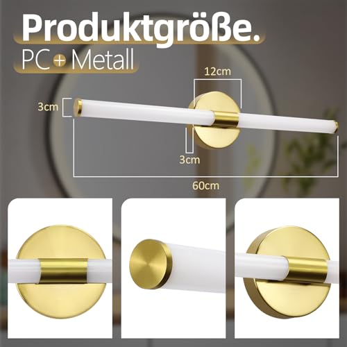 Homefire LED Spiegelleuchte Bad 60CM - Spiegellampe Badezimmer Gold Badleuchte Wand 8W Wasserdicht IP44 Wandlampe Modern Neutralweiß 4000K Wandleuchte für Badschrank Küche Flur