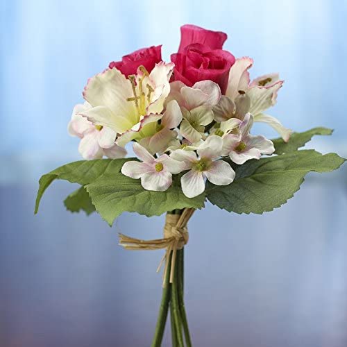 Factory Direct Craft Package of 3 Mini Powder Pink Artificial Hydrangea with Shocking Pink Rosebud Center Bouquets- Silk Flowers for Weddings and Arrangements
