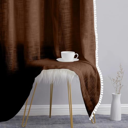 Image of THE LINEN COMPANY Sheer Cotton Curtains Window Curtains with Pom Pom Lace Rod Pocket Transparent Net Curtains for Window Curtains Door Curtains Brown 9 Ft Pack of 2