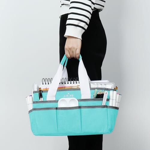 Image of JJRING Craft Organizer Tote Bag, Art Storage Caddy with Multiple Pockets, Sky Blue Sewing Bag for Art, Craft, Scrapbooking, School, Medical, and Office Supplies Storage
