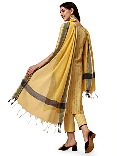 Image of NAINVISH Cotton Blend Kurti Pant & Dupatta | Yellow Kurta Set for Women | Women Kurta Pant Dupatta Set | Kurta Set for Women | Printed Kurta Pant Dupatta Set