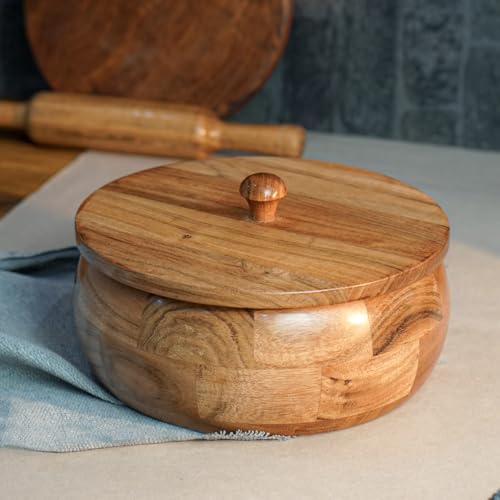 Image of Sanjeev Kapoor By OGGN Acacia Wood 9 x 9 x 4 Inch, Casserole for Roti Hot Case | Wooden Roti Box | Hot Case Casserole | Big Chapati Storage Box for Home & Kitchen - Premium Wood Elegant Design