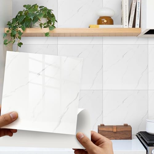 LMYSXAOZ 20 Piezas de Azulejos autoadhesivos de mármol de 30 x 30 cm, Azulejos Blancos autoadhesivos para Pared, Pet, despegables y Brillantes para Cocina y baño.