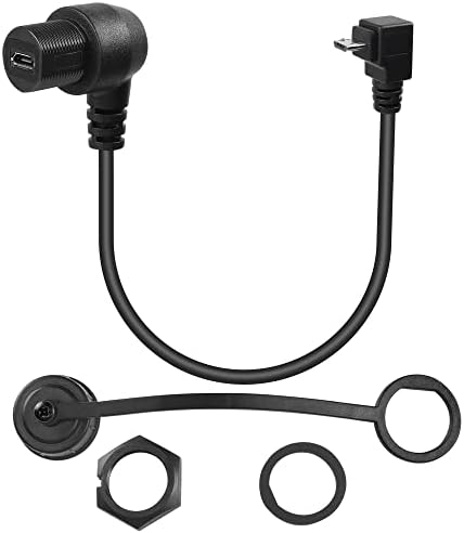 QIANRENON 90° Micro USB Panel Flush Mount Waterproof Extension Cable Micro USB 5 Pin Right Angle Male to Female Connector for Fixied on Dashboard of Car,Boat,Motorcycle,28cm/11in (Down Bend)