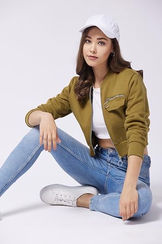 Image of Miss Chase Women's Off White V-Neck Full Sleeves Bomber Cropped Jacket