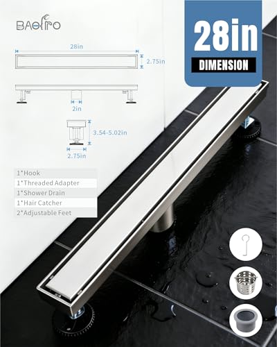 Image of 28 Inch Brushed Stainless Steel Linear Shower Drain | CUPC Certified 2-in-1 Tile Insert for Curbless Showers. 304 Steel, 15.8GPM Flow. Includes Hair Catcher & Adjustable Feet.