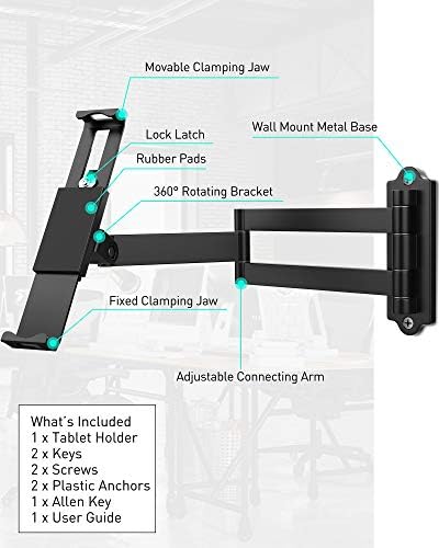 AboveTEK Tablet Wall Mount - Fits 7 to 11 Inch Tablets Including Pad, Galaxy Tab, Slate, Fire and More -Anti Theft Security Lock and Key - Adjustable Long Arm Articulating Swivel Holder - Black