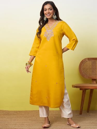 Image of Women's Embroidered Silk Straight Kurta Kurti | Below Knee Kurtas for Women Traditional Indian Wear Outfit Suitable Casual Festive Office Styling