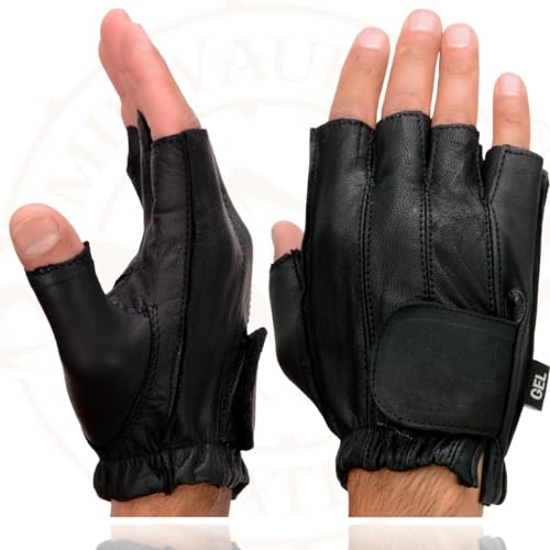 Image of Milwaukee Leather SH198 Men's Black Flame Embroidered Fingerless Gloves with Gel Palm | Padded Comfort; Vibration Relief; Flame Embroidery