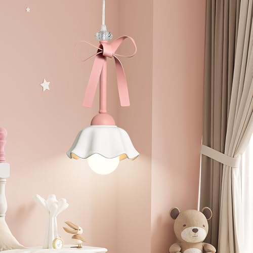 Bow Pendant Light for Girl's Bedroom, Pink Ceramic Ceiling Light