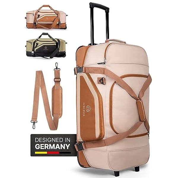 Grimm Borsa da viaggio con ruote | Trolley da viaggio grande XL/XXL 100 l volume [sistema di organizzazione integrato] Borsa da viaggio | Dufflebag | Valigia a rotelle per uomo e donna, beige/marrone,