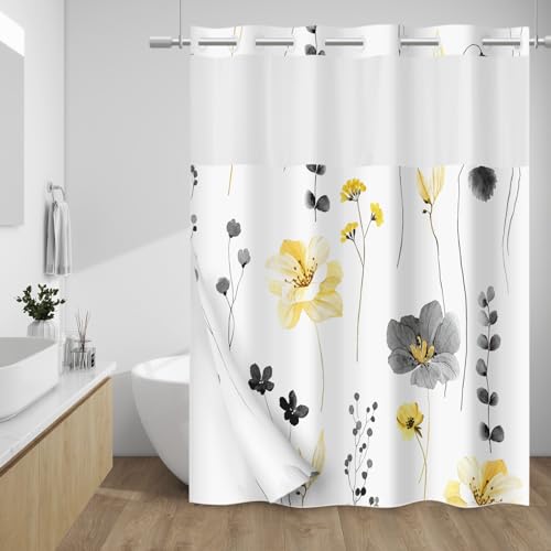 WITHLOC No Hook Shower Curtain with Snap in Liner - Floral Shower Curtain - Fabric Waterproof Inner Liner, Plants Watercolor Yellow Gray Modern Cloth Shower Curtains - Machine Washable, 71 x 74