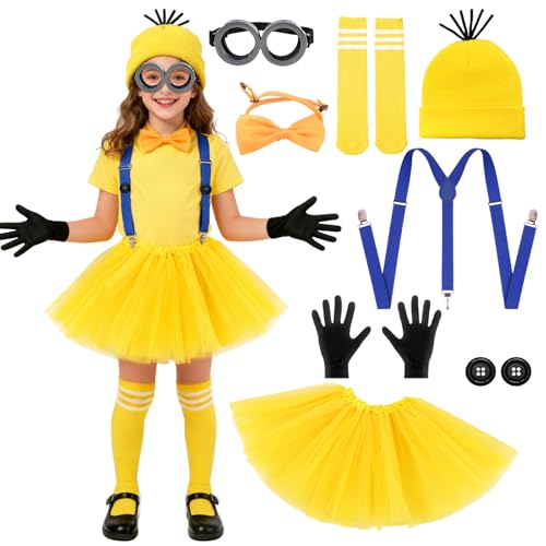 Lot de 8 accessoires de costume de dessin animé jaune pour enfant avec jupe en tulle, bonnet, lunettes, bretelles, gants, bandeau, boutons et chaussettes pour femme,...