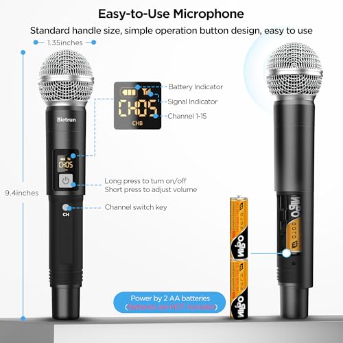 Image of Bietrun 4-Channel Wireless Microphones System with 4 Handheld Mics, UHF Metal Dynamic Cordless Mics for Karaoke, Singing, Church, Family Theater(Auto Connect /295FT Range /Fixed Frequency), Black
