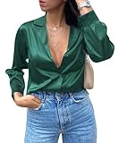 Chigant Womens Satin Silk Shirts Button Down Long Sleeve Blouses V Neck Lightweight Satin Tops Business Casual Fall Tops Green