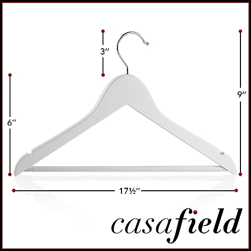 Casafield - 10 White Wooden Suit Hangers - Premium Lotus Wood with Notches & Chrome Swivel Hook for Dress Clothes, Coats, Jackets, Pants, Shirts, Skirts