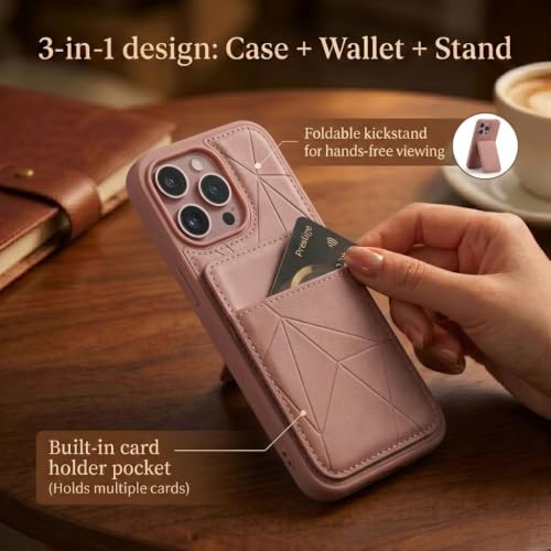 Image of amazon basics Premium Vegan Leather Back Cover with Card Holder and Integrated Mobile Stand for iPhone 17 - Slim Shockproof Wallet Case with Geometric Stitching [Pink]