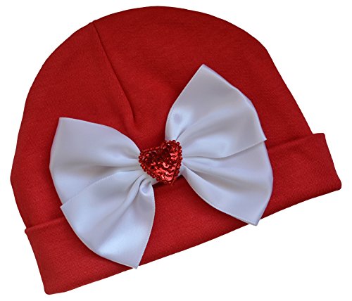 Valentines Day Satin Bow Cotton Baby Hat by Funny Girl Designs (Red Hat with White Bow)