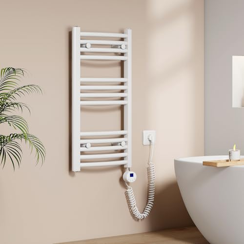 EMKE Sèche-Serviettes électrique avec Thermostat, 750 x 400 mm, radiateur de Salle de Bain courbé électrique, Chauffe-Serviettes, Porte-Serviettes électrique, Blanc, 250 W