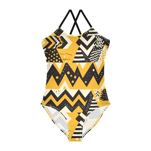 KLL Girls 1 Piece Bathing Suit, Fashion Zigzag Pattern Yellow, Summer Cute Swimming Suits Adjustable Strap 3T