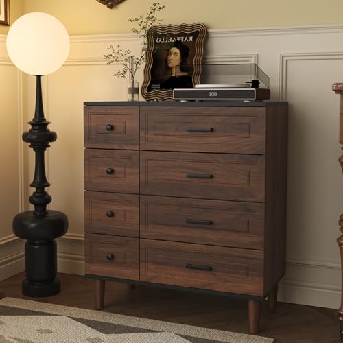 HOMAVO DG3 Kommode mit 8 Schubladen, 75x40x87cm, Moderne Linienprägung, Melaminbeschichtung, Bodenfrei, Weiß Schwarz Walnuss (Walnuss)