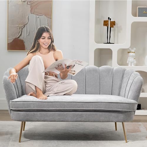 Modern Chenille Loveseat Couch,Futon Small Sofa with Gold Metal Legs ,2-Seater Upholstered Mini Sofa Couches for Small Space,Living Room Bedroom Office Dorm Studio Apartment Love Seat Couche(Grey)