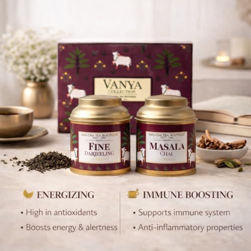 Image of Sancha Tea Boutique, Vanya Collection, Tea Gift Box, Roasted Darjeeling & Masala Chai, 50g x 2 Loose Leaf Teas, Premium Indian Gift Hamper