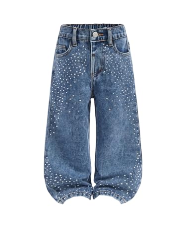 Verdusa Toddler Girl's Rhinestone Sparkly Wide Leg Jeans Streetwear Denim Pants with Pockets Medium Wash 4 Years