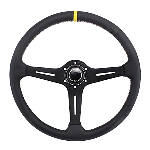 LIUMANG Steering Wheel 380mm Leather Racing Steering Wheel Perforated Leather Concave Frame Racing Universal Car Modified Steering Wheel Auto Parts (Color : Black, Size : 38cm)