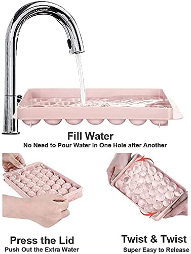 Wibimen Round Ice Cube Tray,Ice Ball Maker Mold For Freezer, Circle Ice Cube Tray Making 1.2In X 99Pcs Sphere Ice Chilling Cocktail Whiskey Tea & Coffee(3Pack Pink Ice Trays & Ice Bin & Ice Tong) #TOP1