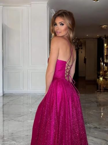 Corset Prom Dresses Long for Women Sparkly Glitter A-Line Spaghetti Straps Formal Evening Dress with Slit4