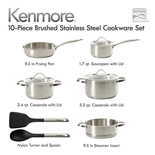 Kenmore Aiden 10 Piece Brushed Stainless Steel Pots and Pans Cookware