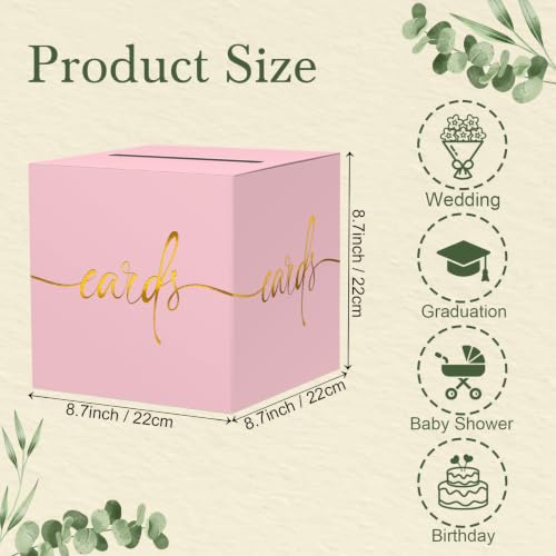 Image of Light Pink Card Box with Gold Foil Design, Paperboard 8.7 inch Gift Card Holder for Wedding Graduation Birthday Party Reception Retirement Anniversary Bridal & Baby Shower