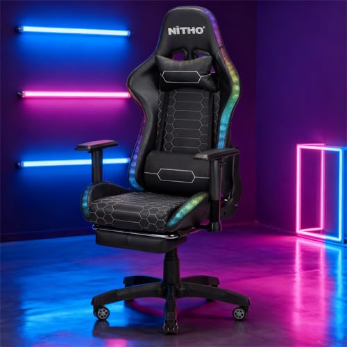Image of NiTHO HALO RGB Gaming Office Chair with Retractable Footrest | Ergonomic 135 Reclining Computer Chair with USB-Powered RGB Light Strips, Adjustable Armrests, Swivel Chair for Gaming or Work, Black