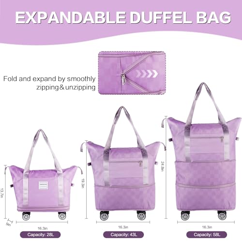 NBERMOTION Expandable Rolling Duffle Bag - Large Carry-On With Spinner Wheels, Foldable Weekend Travel Bag, 28-58L Capacity（Backpack-Purple） — view 2