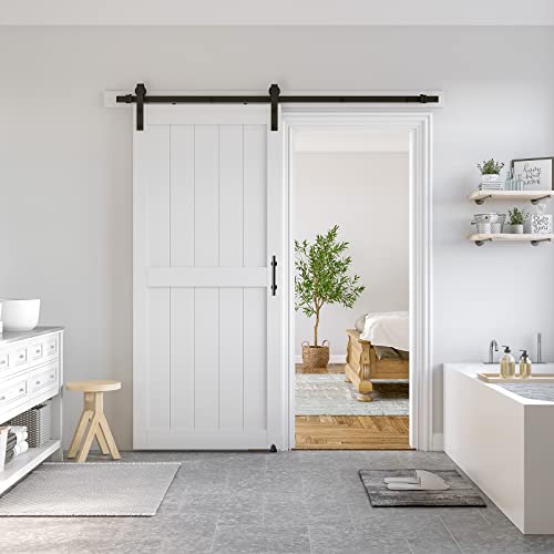 SmartStandard 36.5 x 84 in Sliding MDF Barn Door with 6.6FT Sliding Door Hardware Kit & Handle, Pre-Drilled Ready to Assemble, Waterproof PVC Coating, White, H-Frame