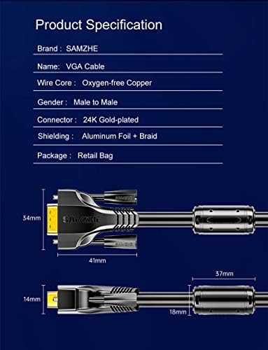 VGA Cable, VGA to VGA Cable Male to Male Gold Plated Connector HD 1080P Video Coaxial Monitor Lead with Ferrite Cores Compatible for PC, Projectors, HDTVs, Displays Laptop, DVD